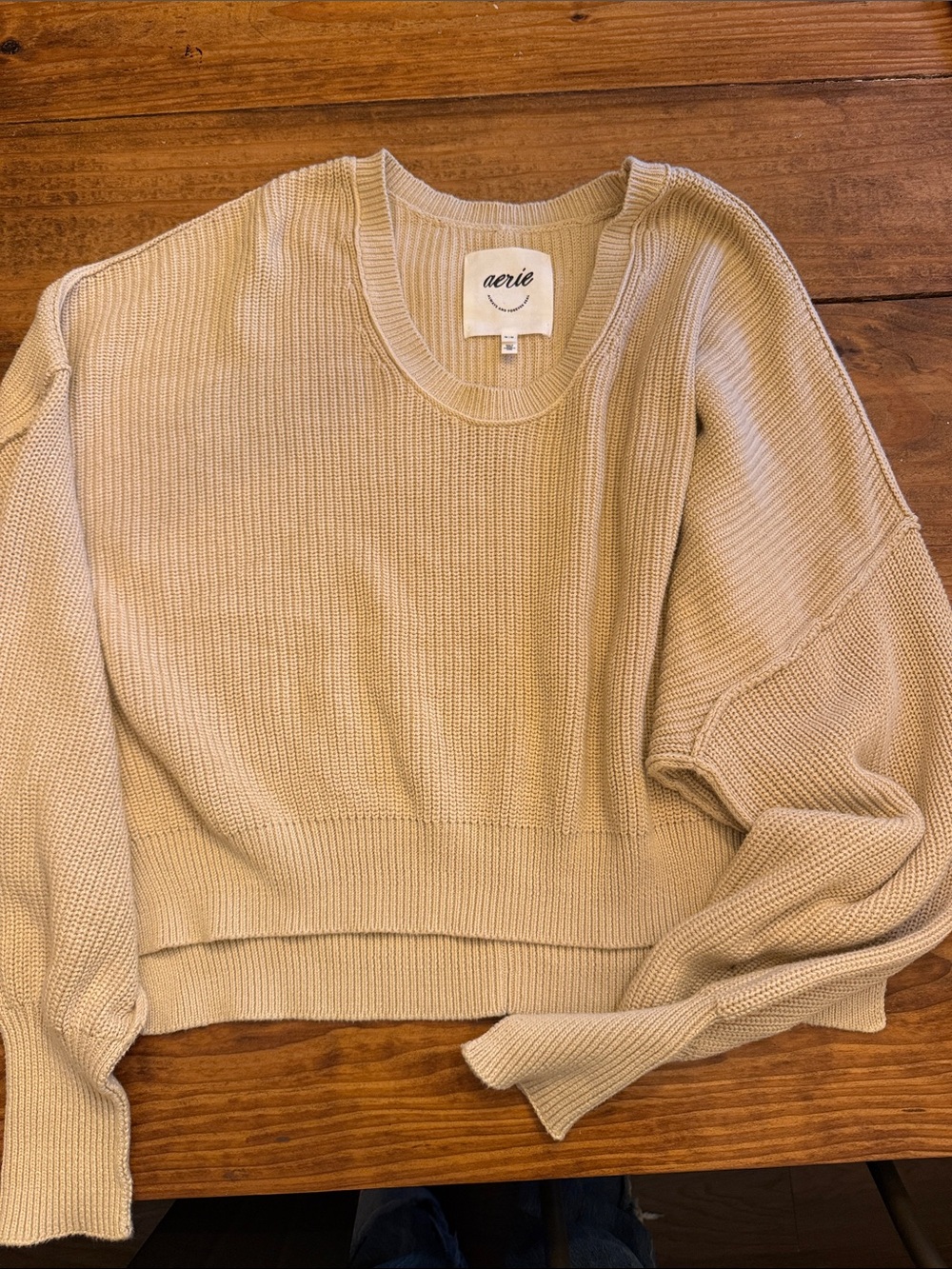 aerie Cream Ribbed Scoop-Neck Knit Sweater